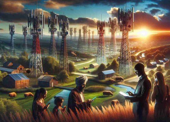 A high-definition, realistic image signifying the theme of 'Expanding Horizons: The Era of Rural Connectivity'. Visualize the breakthrough in rural telecommunications in the form of newly erected cell towers amid rustic landscapes, a fusion of traditional and advanced technology. Create a sense of contrast between the verdant landscapes and the metallic towers. Also, include rural dwellers: a Middle Eastern man using a digital tablet, a Black woman holding a smartphone, a Caucasian male gazing at the tower, all depicting how rural connectivity has transformed their life. Capture a sunrise or sunset at the backdrop, representing new opportunities and dawning future.