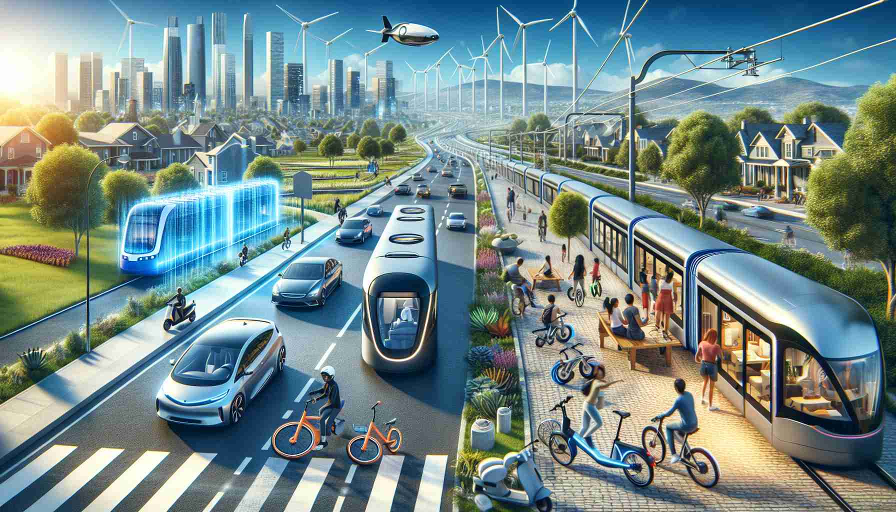 A high-definition, realistic depiction of emerging trends in sustainable transportation. This could include but not limited to, a central city road featuring electric cars of various models and autonomous public buses. Another scene could be a cycling lane filled with commuters on e-bikes and dockless scooters. Possible addition could be a futuristic monorail system in the sky. A suburban area could be shown with families gathered around charging stations for their electric home vehicles. Finally, the background could have wind turbines and solar panel installations, underlining the source of green energy for these transports.