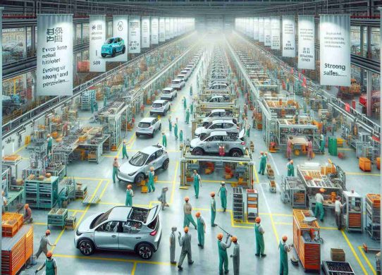 A high-definition, realistic image of a bustling factory in China where Electric Vehicles (EVs) are being made. Despite global restrictions, the factory is a hive of action. Workers of various descents and genders are visible, engaged in different tasks. There are assembly lines with parts moving along them, and completed electric vehicles parked in designated spots. Walls adorned with bright poster showing high sales figures. Please highlight a sense of strong sales and perseverance.