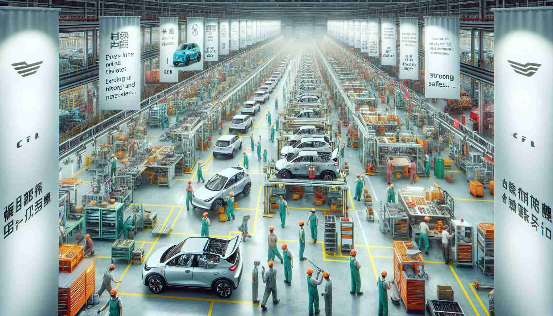 A high-definition, realistic image of a bustling factory in China where Electric Vehicles (EVs) are being made. Despite global restrictions, the factory is a hive of action. Workers of various descents and genders are visible, engaged in different tasks. There are assembly lines with parts moving along them, and completed electric vehicles parked in designated spots. Walls adorned with bright poster showing high sales figures. Please highlight a sense of strong sales and perseverance.