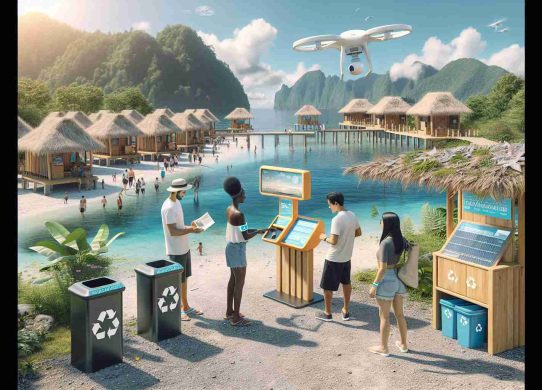 An ultra-high-definition, realistic image that creatively represents the concept of 'Encouraging Sustainable Tourism Through Innovative Initiatives’. Picture this: A landscape view of a pristine eco-tourist site, a diverse group of tourists (Hispanic male, Black female, Middle-Eastern male and South Asian female) are interacting with an information kiosk powered by solar energy. They are wearing biodegradable wristbands identifying them as eco-tourists. There are clear recycling bins nearby. In the background, tourists could be seen staying in an eco-friendly resort built from natural, sustainable materials. Overhead, a drone autonomously flies, providing guided tour information to the visitors.