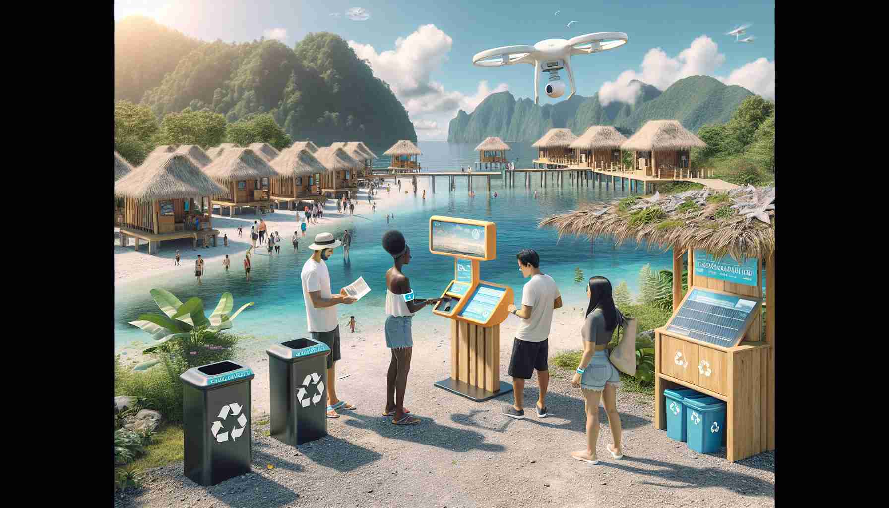 An ultra-high-definition, realistic image that creatively represents the concept of 'Encouraging Sustainable Tourism Through Innovative Initiatives’. Picture this: A landscape view of a pristine eco-tourist site, a diverse group of tourists (Hispanic male, Black female, Middle-Eastern male and South Asian female) are interacting with an information kiosk powered by solar energy. They are wearing biodegradable wristbands identifying them as eco-tourists. There are clear recycling bins nearby. In the background, tourists could be seen staying in an eco-friendly resort built from natural, sustainable materials. Overhead, a drone autonomously flies, providing guided tour information to the visitors.