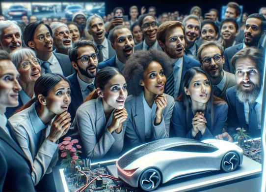 A detailed, high-definition photo depicting the latest electric vehicle technology sparking enthusiasm and optimism among potential consumers. The scene shows a group of diverse people, ranging from a black woman to a Middle Eastern man, all with intrigued and hopeful expressions as they gather around a technological display of electric vehicle innovations. Their fascinating interaction with the cutting-edge technology provides a visual narrative of the transformative impact electric vehicles are having on transportation.