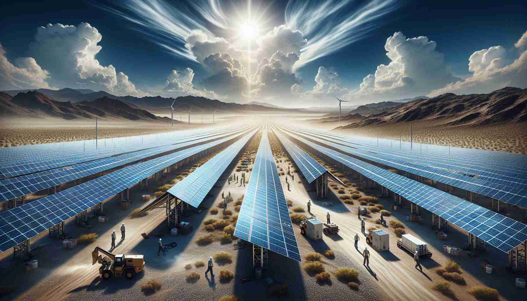 High definition, realistic image of a breakthrough in energy: a new solar energy project located in a rural region of Nevada. The scene captures sprawling solar panel arrays set against the arid, uncultivated backdrop. Overhead, a clear, intensely blue sky amplifies the stark contrast between man-made technology and the challenging environment. Foreground details include tech workers of various gender and descents such as Caucasian, Hispanic, and Black, working diligently, capturing the essence of human ambition and environmental sustainability.