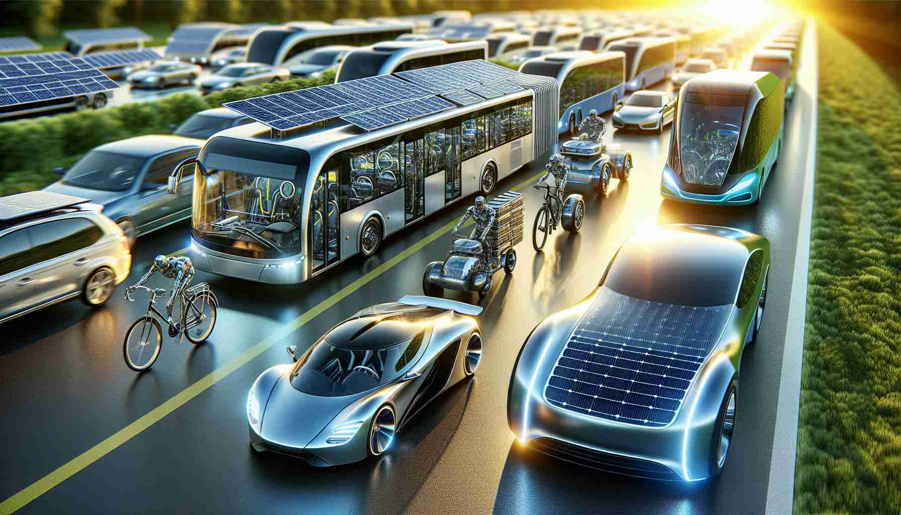 Realistically rendered high-definition image of innovative solar-powered vehicles that are revolutionizing the market. Show a variety of vehicles such as cars, buses, and bikes, all harnessing the power of sunlight with advanced technology visible on their surfaces, like shiny solar panels and streamlined designs. The vehicles are in motion, symbolizing their active status in transforming the automotive industry. Include elements to highlight the context of forward-thinking green technology, like a vibrant sunny background signifying the source of their energy.