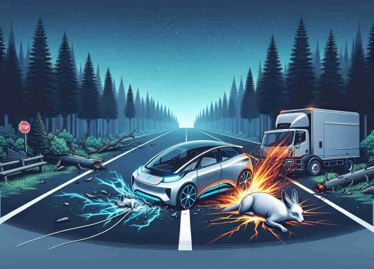 Display an illustration of an unfortunate event where a modern electric vehicle has collided with wildlife, leading to a spark and fire. Show the dramatic scene as realistic and high-definition as possible. The vehicle should have a futuristic design, representing the innovation of electric technology. The surrounding area could have elements to suggest this incident has taken place in the wild, such as thick forests or deserted roads. Please refrain from showing any animals or humans in the scene to avoid inciting negative emotions.