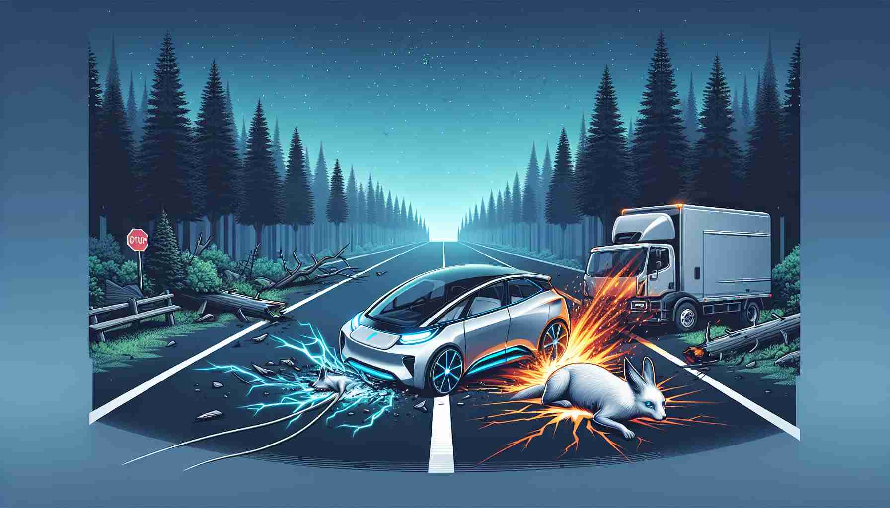 Display an illustration of an unfortunate event where a modern electric vehicle has collided with wildlife, leading to a spark and fire. Show the dramatic scene as realistic and high-definition as possible. The vehicle should have a futuristic design, representing the innovation of electric technology. The surrounding area could have elements to suggest this incident has taken place in the wild, such as thick forests or deserted roads. Please refrain from showing any animals or humans in the scene to avoid inciting negative emotions.