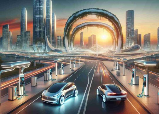 Generate a realistic and high-definition image illustrating the future of transportation, specifically focusing on the rise of electric vehicles. The scene should depict an advanced cityscape with eco-friendly infrastructure, charging stations, and modern electric cars traversing the roads. Add a backdrop of a warm sunrise to hint at the new dawn for electric vehicles. The overall atmosphere should exude a sense of hopefulness and progress towards a more sustainable future.