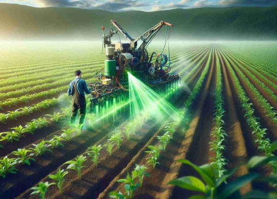 Generate a realistic HD image showcasing innovative technology being used in the field of agriculture. It could possibly portray a farmer of unspecified descent using some new gadget or machinery in a large field. The machinery should project a beam or some form of energy into the ground, signifying the enhancement of crop growth. The crops around the action area should be mature, green and thriving while the rest of the field could be still in the early stages of growth, capturing the effectiveness of this new tool.