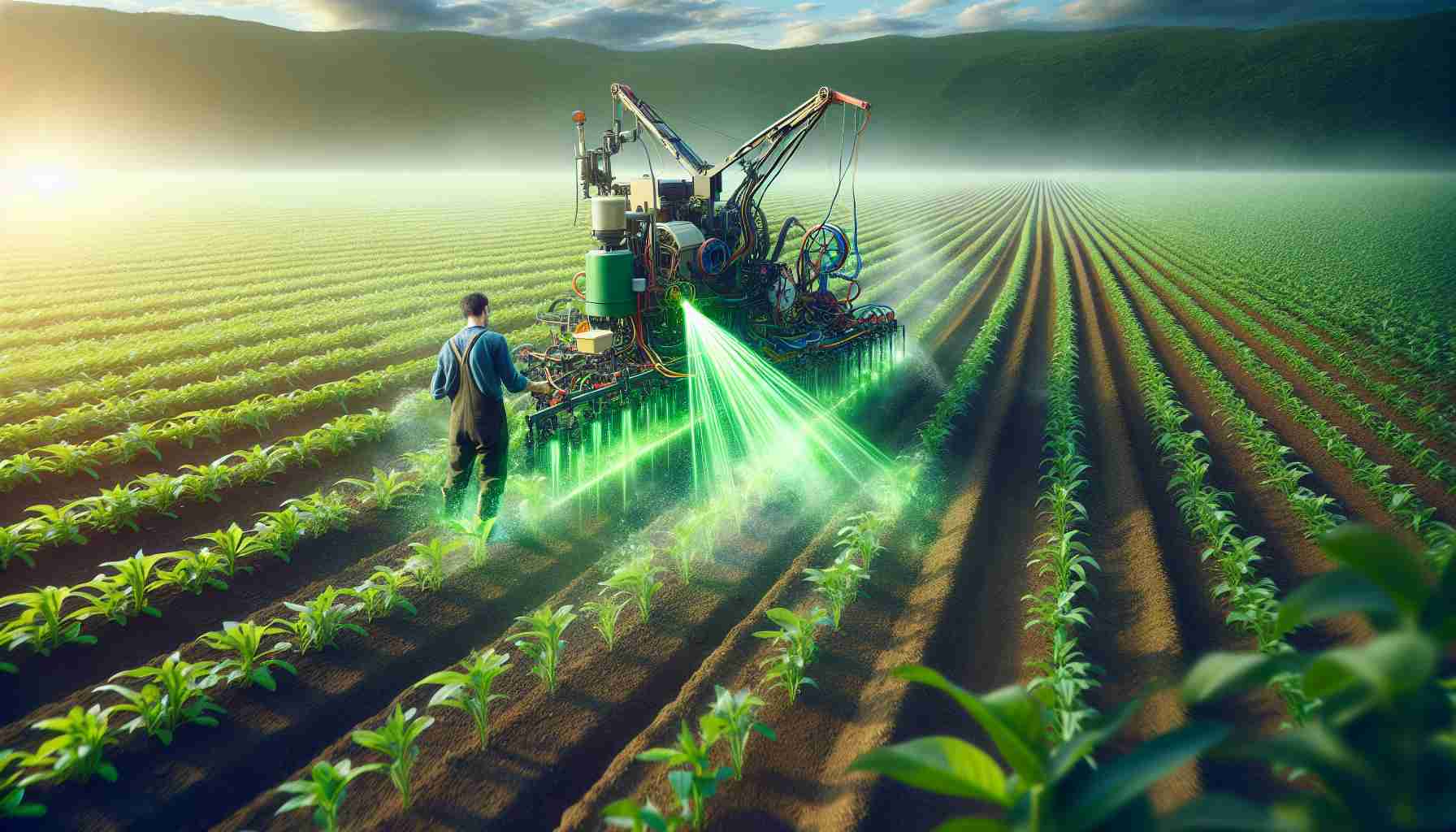 Generate a realistic HD image showcasing innovative technology being used in the field of agriculture. It could possibly portray a farmer of unspecified descent using some new gadget or machinery in a large field. The machinery should project a beam or some form of energy into the ground, signifying the enhancement of crop growth. The crops around the action area should be mature, green and thriving while the rest of the field could be still in the early stages of growth, capturing the effectiveness of this new tool.