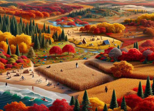 A hyperrealistic, high-definition depiction of autumn's splendor across the United States. Visualize the majestic fall foliage scattered across landscapes. The Northeast boasts lush maple trees, the leaves turning a brilliant mix of red, yellow, and orange. In the Midwest, observe golden cornfields rippling in the breeze. Out West, envision the high desert changing colors, blanketed by sagebrush displaying hues of rich mahogany and muted greens. The South's cypress tress are laden with fiery red leaves. A wide variety of people are present, enjoying this season's beauty, including a Black surfer catching waves on California's coast, a Hispanic family picnicking in a New England forest, a South Asian couple cycling in Illinois, and a Middle-Eastern photographer capturing a sunset in Texas.