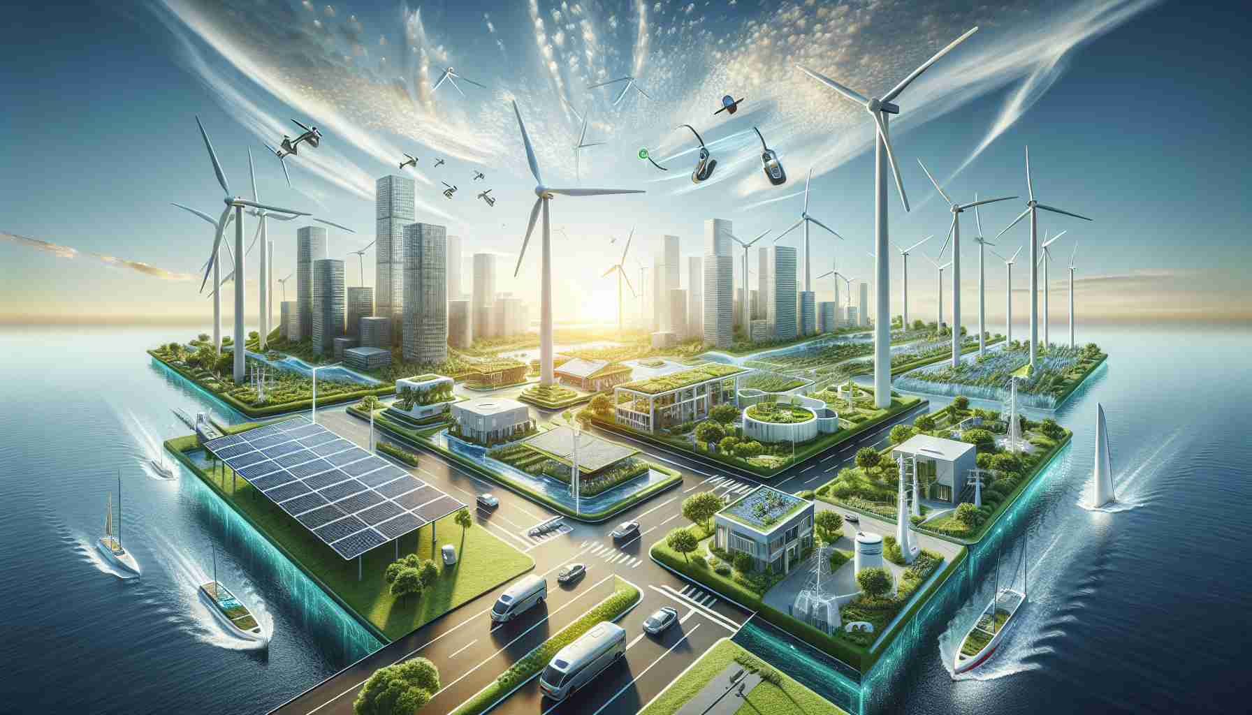 Create a detailed and realistic high-definition image that represents the concept of revolutionizing sustainable energy solutions. This scene should include various forms of green technology, such as an architecturally advanced solar panel field with sunlight shining down, an offshore wind farm harnessing wind power, and an electric vehicle charging station with vehicles plugged in. There could also be innovative designs for houses or skyscrapers with integrated green roofs and built-in renewable energy systems. Show the tangible impacts of these solutions on nearby communities in terms of cleaner environment and flourishing nature.