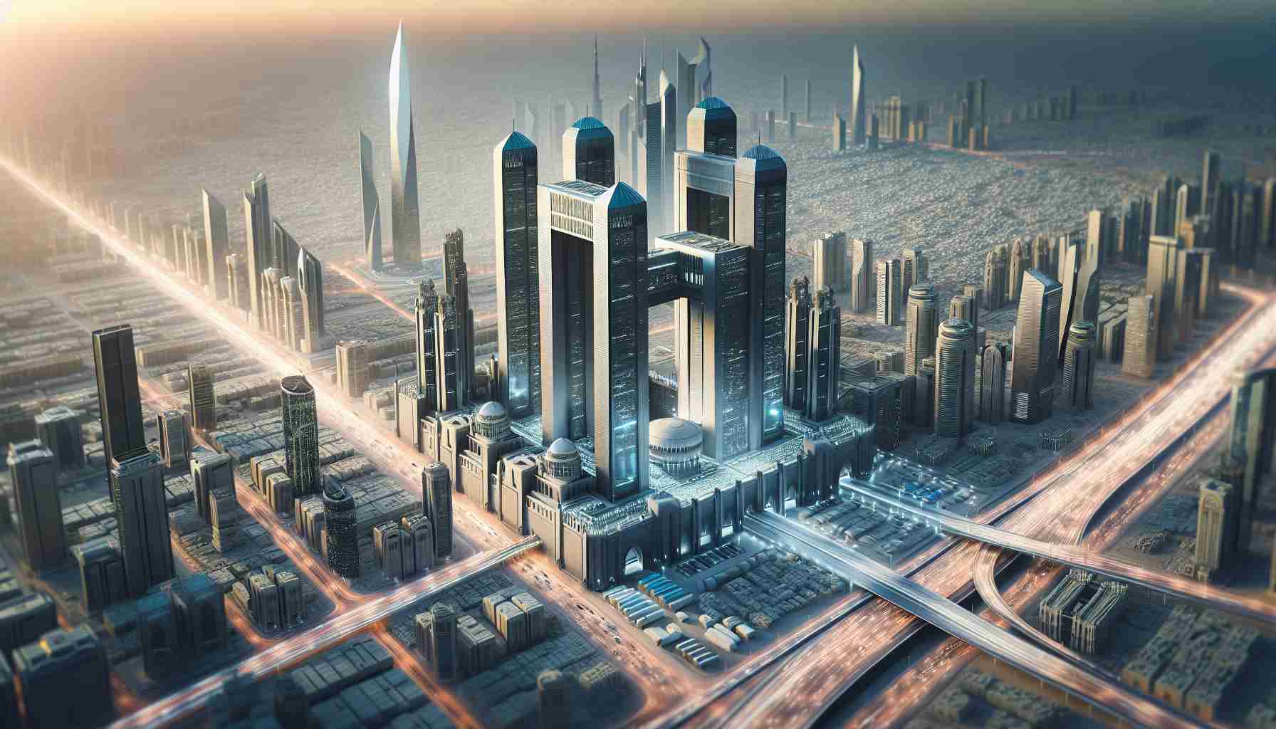 High-definition realistic image showcasing the advanced security measures implemented for the protection of a vital infrastructure located in a Middle Eastern country, exemplifying modern architectural designs and cutting-edge technology