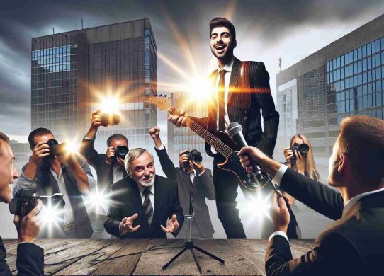 High-definition, realistic image of a successful musician, with a triumphant expression, revealing the victory in a long-fought legal battle against a former authority figure. He's surrounded by paparazzi who are capturing the moment, with his lawyer by his side, bolstered by concrete city buildings and a setting sun in the background, adding drama to the scene.