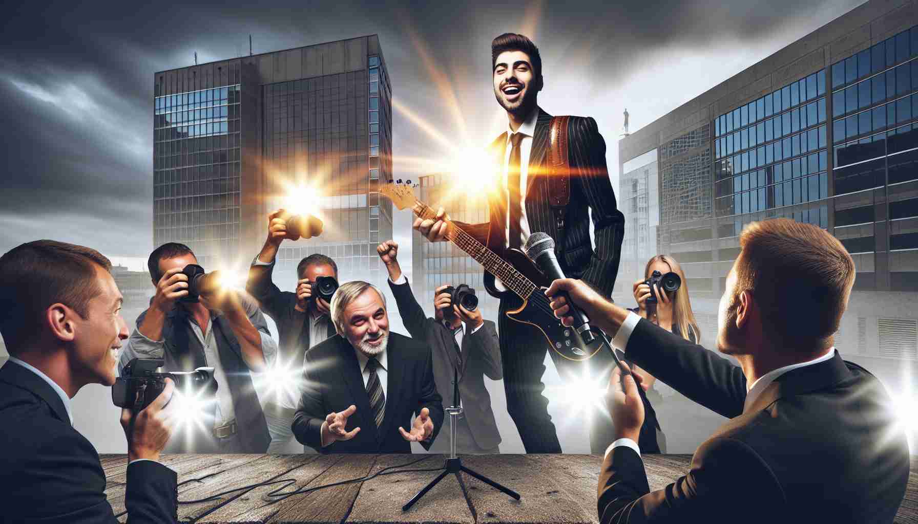 High-definition, realistic image of a successful musician, with a triumphant expression, revealing the victory in a long-fought legal battle against a former authority figure. He's surrounded by paparazzi who are capturing the moment, with his lawyer by his side, bolstered by concrete city buildings and a setting sun in the background, adding drama to the scene.