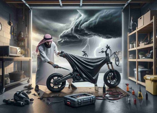 A highly detailed, realistic image embodying the process of preparing an electric bike for an impending storm. The scene showcases a garage space with a middle-eastern man carefully working on the bike. He follows the correct steps including disconnecting and storing the battery, cleaning and lubricating the chains and fastening a waterproof cover over the bike. In the background, ominous dark clouds are gathering, implying the imminent storm. All elements are in high definition, accentuating the sense of realism.