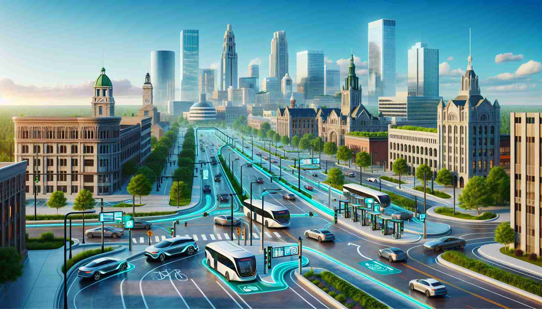 Create a detailed and realistic High-definition image of a futuristic landscape in Sioux Falls. The scene should highlight the use of electric transportation prominently, showcasing modern electric cars and buses seamlessly integrating with city life. Add details showcasing key features of sustainable transport, including charging stations, dedicated lanes for electric vehicles, and digital displays with real-time updates. The skyline should merge the old architectural charm of Sioux Falls with futuristic green buildings, potentially solar-powered. Roads should be clear and efficient, ensuring smooth traffic flow. The sky should be blue and clean, perfectly complementing the theme of a pollution-free future.