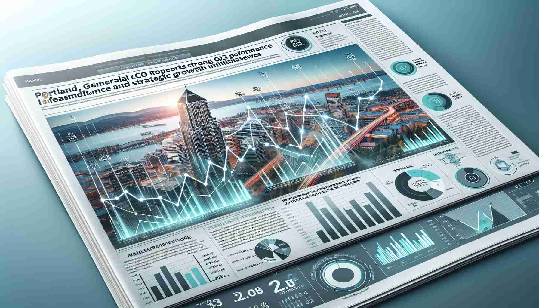 An HD realistic illustration of a newspaper or financial magazine headline, indicating 'Portland General Electric Co Reports Strong Q3 Performance and Strategic Growth Initiatives'. The layout incorporates elements like financial figures, charts showing upward trends, highlighted sections indicating key points of the report, and a cityscape of Portland visible in the background