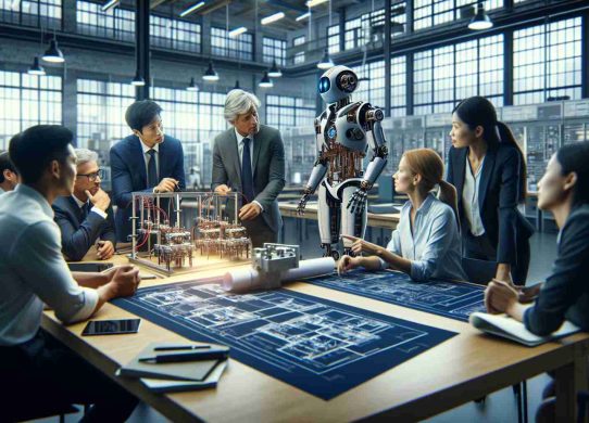 A high definition, realistic image presenting a scene of Lark Electric launching an innovative training program. In the picture, Lark Electric staff members are collaborating with professors from a local community college. The electrical engineering lab is full of state-of-the-art equipment and blueprints are spread across a large table. There's a palpable atmosphere of innovation, knowledge sharing, and collaboration between the corporate and academic worlds. Remember to include diverse representation; for instance, an Asian female professor explaining something to a Caucasian male student.