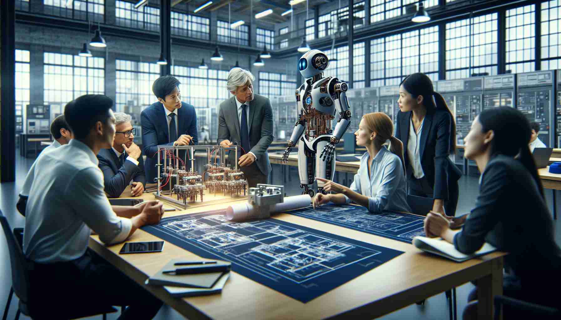 A high definition, realistic image presenting a scene of Lark Electric launching an innovative training program. In the picture, Lark Electric staff members are collaborating with professors from a local community college. The electrical engineering lab is full of state-of-the-art equipment and blueprints are spread across a large table. There's a palpable atmosphere of innovation, knowledge sharing, and collaboration between the corporate and academic worlds. Remember to include diverse representation; for instance, an Asian female professor explaining something to a Caucasian male student.