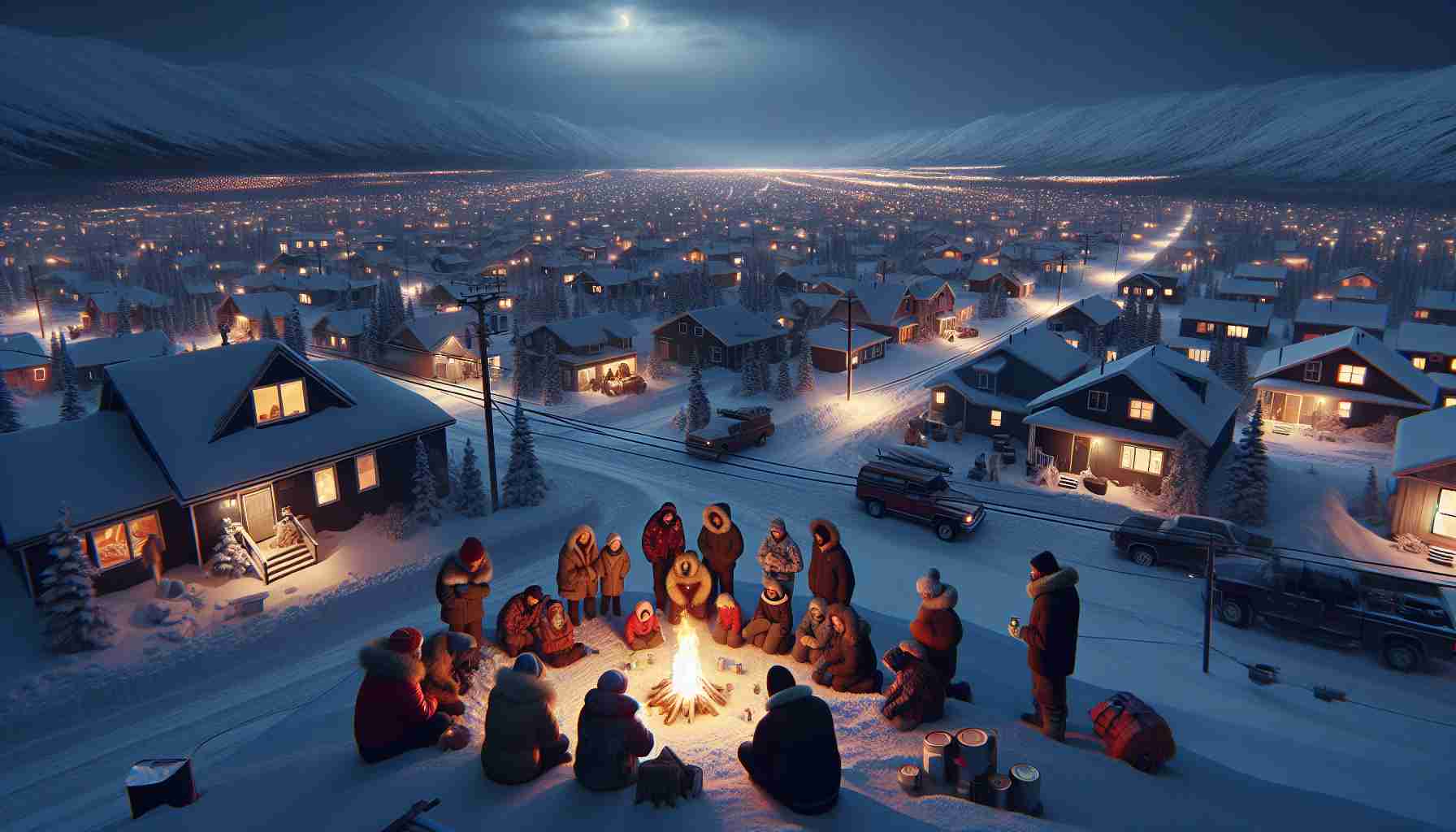 Render a hyper-realistic high-definition photo demonstrating a power outage crisis in Alaska. In this image, depict a snow-covered landscape under a dark sky, devoid of normal city lights, with homes lit only by candlelight and streets illuminated by car headlights. Show Alaskans bundled up against the cold, some gathered around a communal fire for warmth, while others are attempting to fix disconnected power lines. These people should include a diverse mix of races and gender including, but not limited to, Caucasian, Hispanic, Black, Middle-Eastern, South Asian men and women.