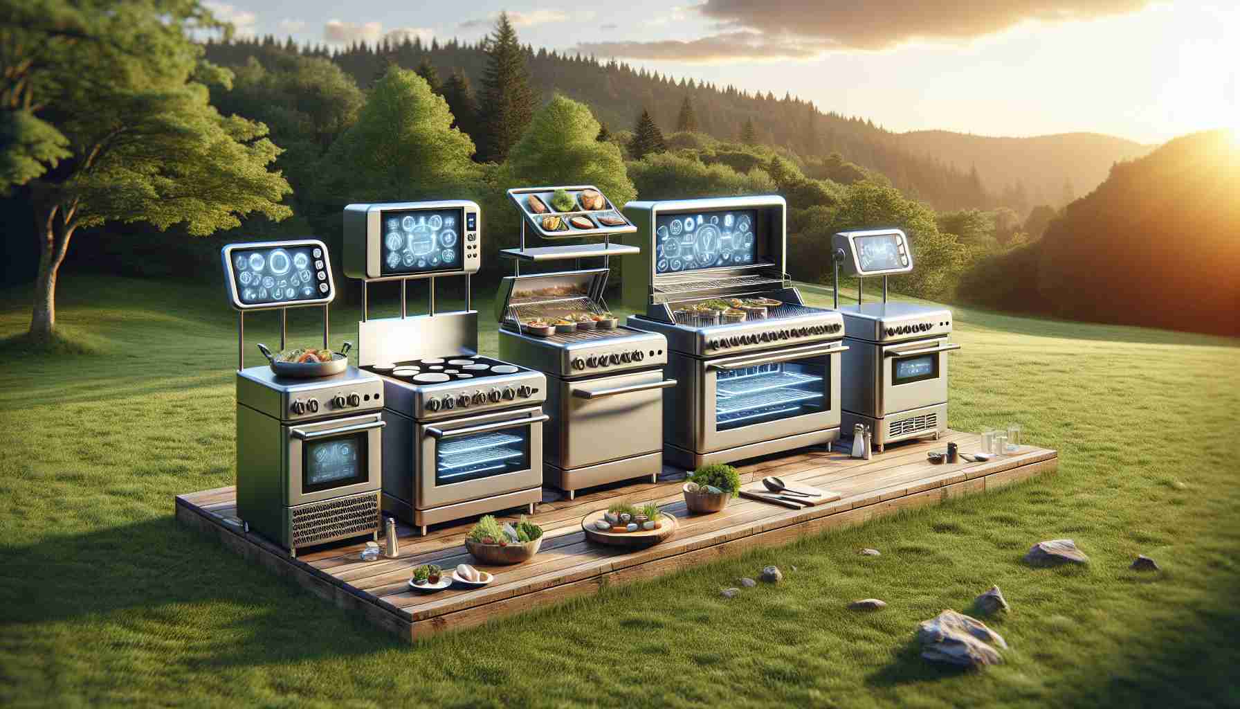 Visualize an innovative culinary setup placed outdoors. It includes state-of-the-art electric cooking devices, showcasing their potential for revolutionizing al fresco cooking. Make the viewer observe multiple modern and sleek designs suggesting energy efficiency, manual controls, digital displays and elegance. This arrangement set amidst a scenic, natural background, demonstrating how this technology blends seamlessly with the environment. Make the image highly defined and real-like, illuminating the attractive details of these advanced cooking systems.