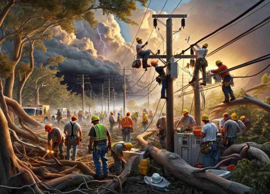 A highly detailed and realistic photograph depicting the efforts to restore power subsequent to severe weather conditions. The scene displays a group of dedicated utility workers, male and female, from different descents such as Caucasian, Hispanic, and Middle-Eastern, busily working on impaired power lines. Their hardhats and safety gear stand out against a background of tree branches and debris scattered by heavy winds. In the distance, formidable clouds hint at the recently passed storm, while the setting sun adds a golden hue to the scene, symbolizing the promise of restored electricity and normalcy.