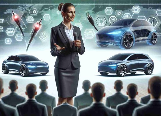 A realistic high-definition image depicting the transition from gas to electric power in the automotive industry. The focus should be on a female politician advocating for this switch, with several concept designs of electric cars in the background to symbolize the emerging future of transportation. The politician should have a confident demeanor, delivering an influential speech to an attentive audience.