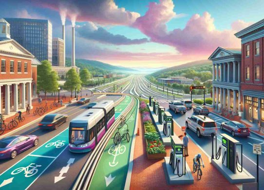 Create a high-definition, realistic image representing new developments in Virginia, focusing on improvement in sustainable transportation infrastructure. The scene includes extensive bike lanes, electric vehicle charging stations, public transport powered by renewable energy, and pedestrian-friendly design elements. Set against typically Virginian architecture, the vivid landscape is studded with lush greenery and vibrant skies overhead.