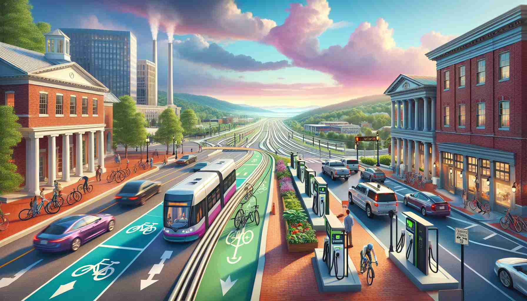 Create a high-definition, realistic image representing new developments in Virginia, focusing on improvement in sustainable transportation infrastructure. The scene includes extensive bike lanes, electric vehicle charging stations, public transport powered by renewable energy, and pedestrian-friendly design elements. Set against typically Virginian architecture, the vivid landscape is studded with lush greenery and vibrant skies overhead.