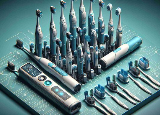 Detailed portrayal of revolutionary, high-tech toothbrushes arranged in an aesthetically pleasing manner to suggest an innovation in oral care routine. Imagine these brushes packed with advanced features like timers, pressure sensors and rotating heads. The image should be in HD quality, conveying a sense of realism. The palette could include soft blues and whites for a clean dental vibe.