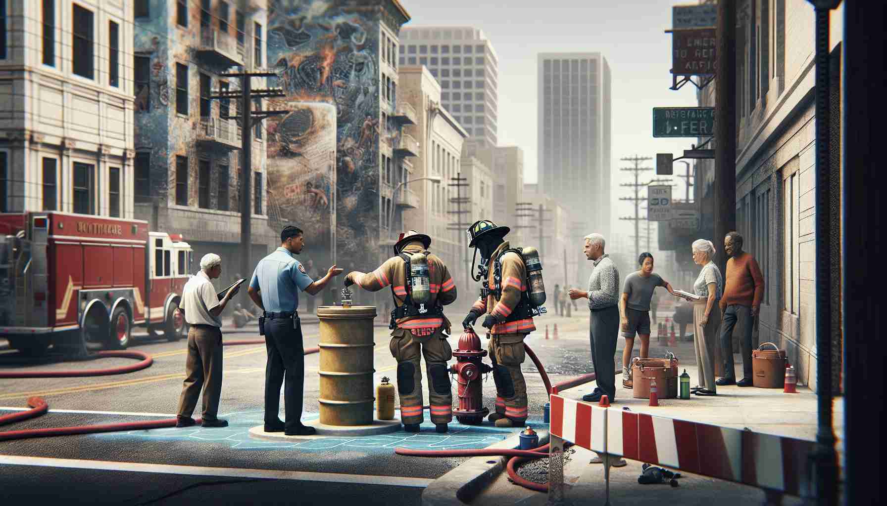 Realistic high-definition image showing the new fire safety measures that have been put in place in the wake of a previous incident in a coastal town. The image depicts multiple, diverse people working together to ensure fire safety. Include a Hispanic female firefighter inspecting a hydrant, a Black male officer directing traffic around safety barriers, a South Asian female discussing the situation with a Middle-Eastern male onlooker, and elderly Caucasian folks watching the preparation from a respectful distance. Faded remains of the previous incident subtly visible in the background, serving as a reminder of the event's past.