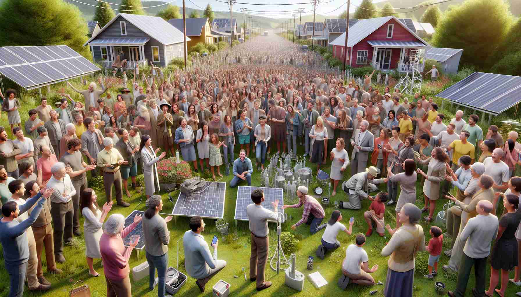 Imagine a hyper-realistic, high-definition scene depicting the excitement within a local community as a result of a new renewable energy initiative. Include diverse responses from community members of different genders and descents - perhaps a group of individuals discussing the initiative with energy experts, or neighbors helping with installations of solar panels or wind turbines. Highlight moments of collaboration and education, with the overall atmosphere being one of joy and positivity. If possible, also incorporate regional architectural elements or landscapes to capture the essence of the local community.