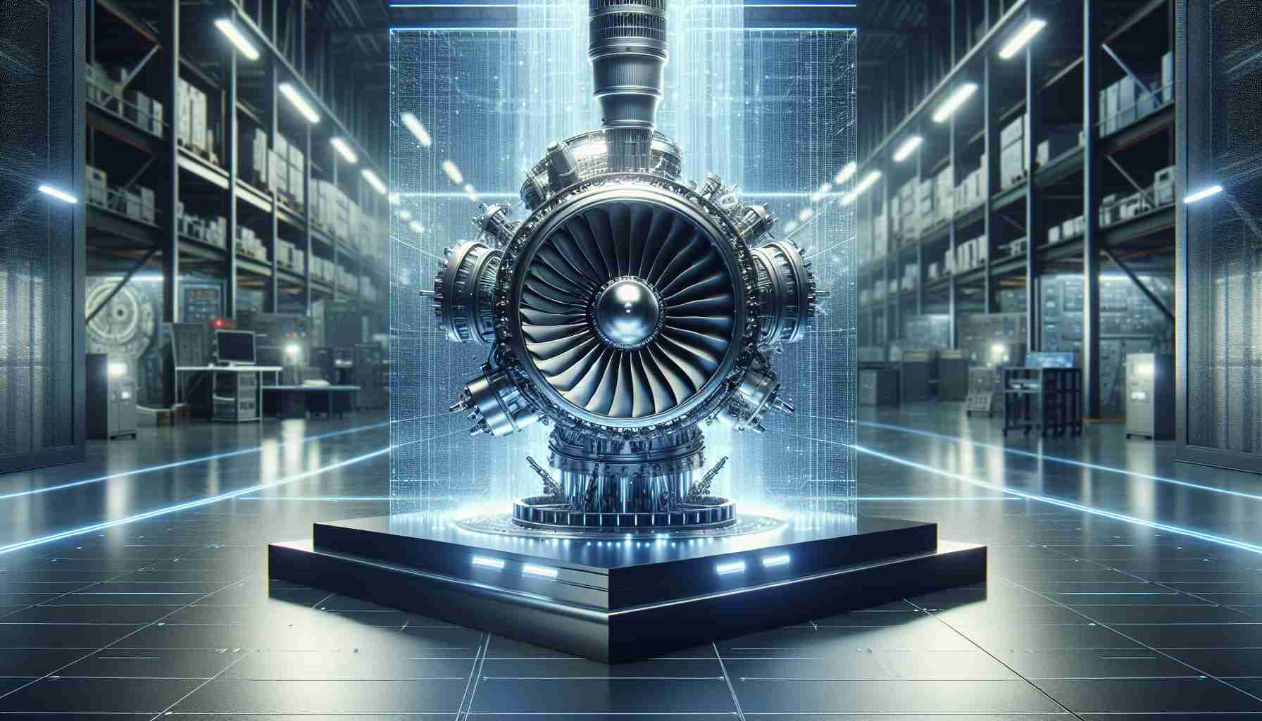 A detailed, high-definition image of a newly unveiled revolutionary aircraft engine technology. It displays an innovative design with advanced features not seen before. The scene indicates its novelty by portraying it in the backdrop of a high-tech research lab, laying emphasis on its futuristic appearance and potential to significantly advance the current state of aviation technology.