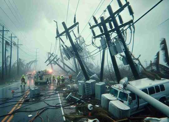 Provide a high-definition, realistic depiction of the aftermath of Hurricane Milton on Florida's power grid. Show downed power lines, structural damage to electricity poles, and transformers. Capture the struggle of the workers who are trying to repair and restore electricity. Include the gloomy weather condition representing the residual impact of the hurricane.