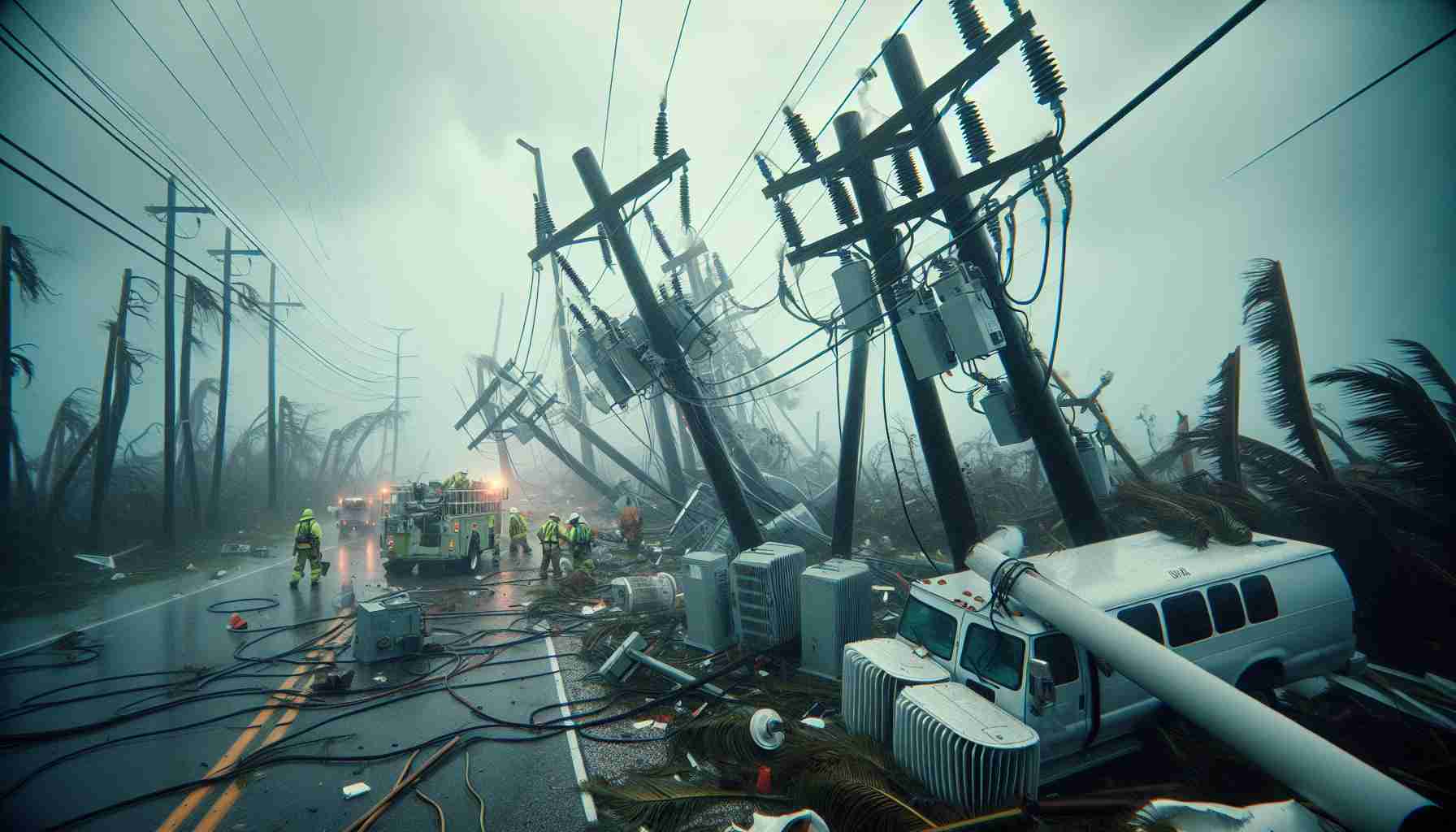 Provide a high-definition, realistic depiction of the aftermath of Hurricane Milton on Florida's power grid. Show downed power lines, structural damage to electricity poles, and transformers. Capture the struggle of the workers who are trying to repair and restore electricity. Include the gloomy weather condition representing the residual impact of the hurricane.