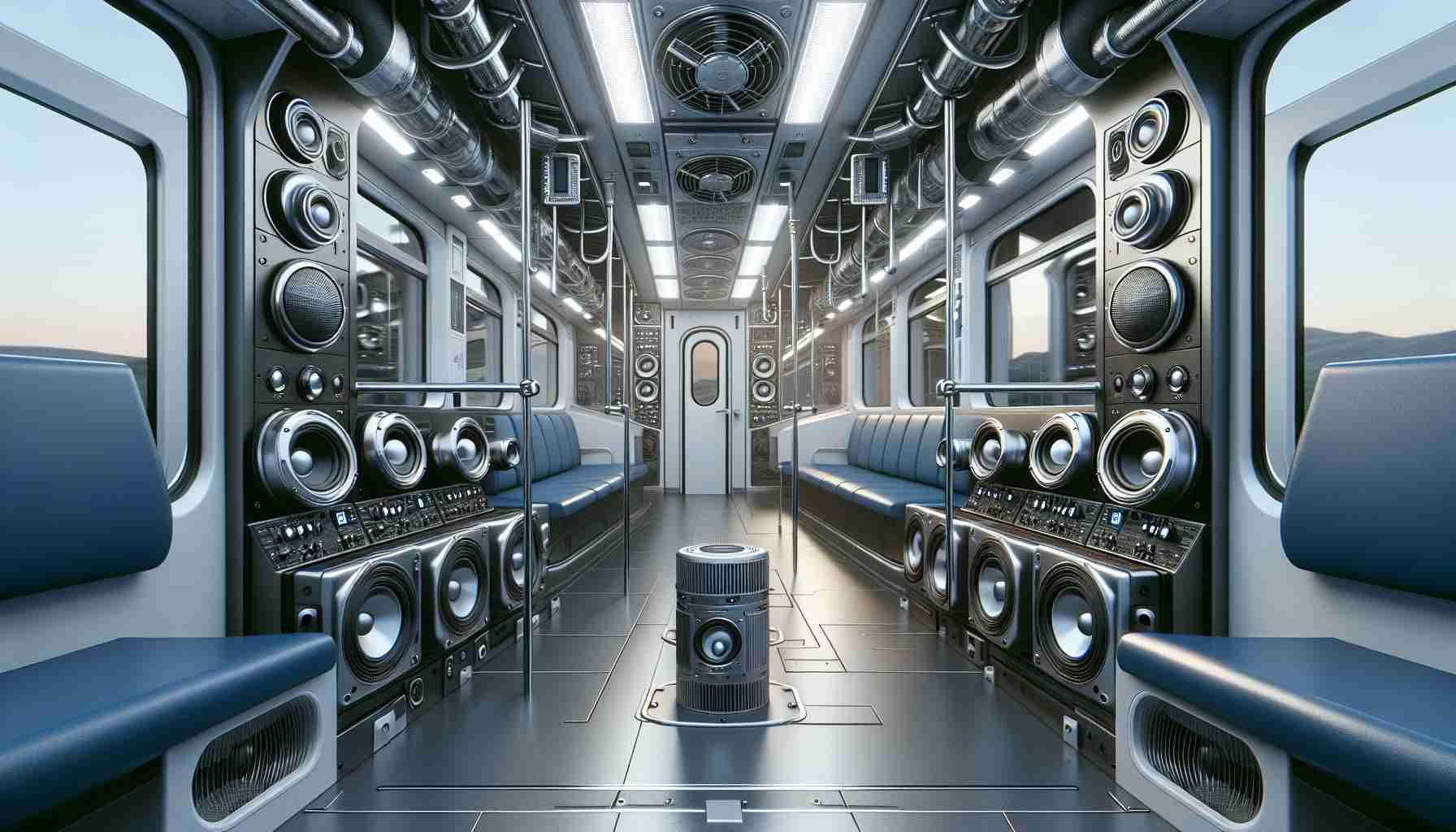 Realistic, high-definition image showcasing innovative sound technology in electric trains. The scene should depict the train's cabin filled with ultra-modern, sleek machinery dedicated to producing quality sound. There can also be a view of the speakers integrated into the walls or ceiling, showing a mix of both miniature and larger sizes for balanced audio dispersion. The ambiance must resonate with technological sophistication, and detailing should provide clues to its state-of-the-art capabilities, emphasizing a futuristic approach to travel where every ride immerses passengers in a world of high fidelity sound.