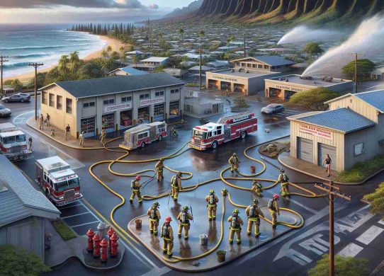 A highly detailed and realistic image that depicts the new fire safety measures that have been implemented in the town of Lahaina following a recent devastating blaze. This could include advanced firefighting equipment, clear evacuation routes, strategic placement of fire hydrants, and enhanced fire-station facilities. In the foreground, there should be dedicated individuals (firefighters of all descents and both genders) conducting a drill. The picture should capture the town's deep commitment to preventing future fires and ensuring the safety of its residents.