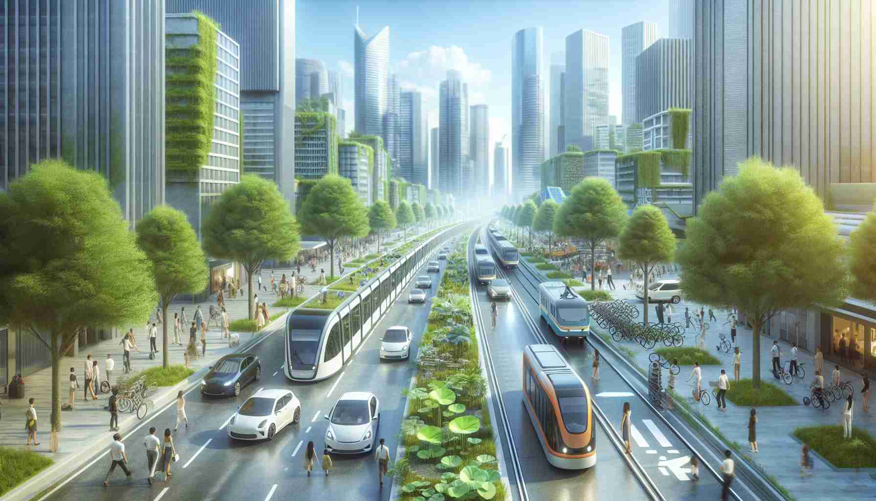 A realistic, high-definition depiction of the transportation industry being revolutionized through sustainable innovation. This should represent an image with innovative and eco-friendly vehicles, such as electric cars, solar-powered trains, and bicycles. The scene should show vibrant city streets filled with these sustainable transport methods, with distinctively green trees and plants sprouting throughout. Include pedestrians of various descents and genders, appreciative and amazed at the transformation, with clear skies hinting at a decrease in pollution. The innovation should feel transformative yet harmonious with nature.