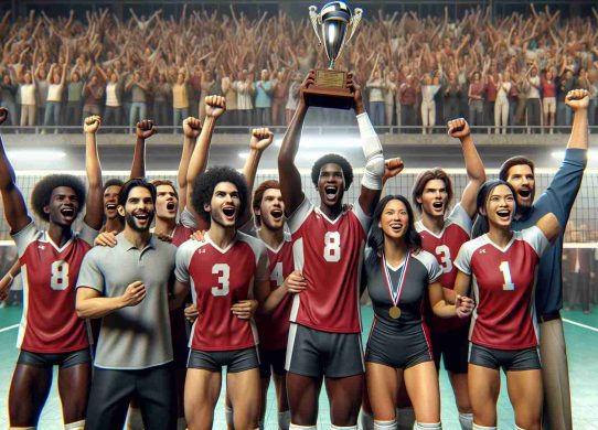 Realistic high-definition image of a high school volleyball team from Ruston celebrating a historic victory in an intense match. The players, a diverse group consisting of Hispanic, Black, Caucasian and Middle-Eastern individuals both male and female, are jubilant and proudly hoist their trophy in the air. The crowd in the background is a blur of cheering fans. Their coach, an Asian woman, is also seen in the picture, sharing the joy with her victorious team.